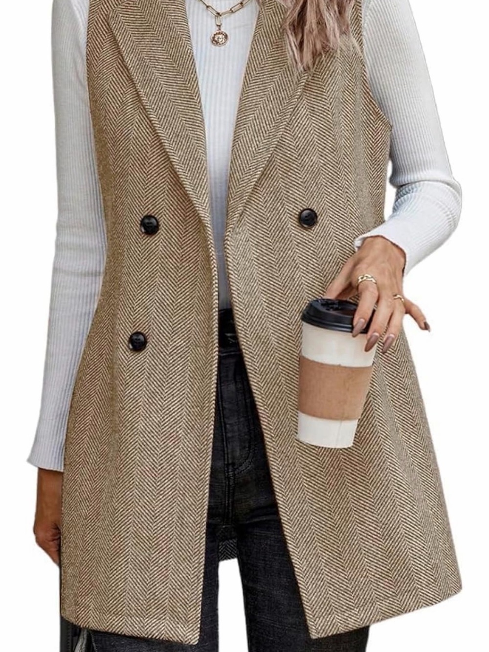 NWOT Sleeveless Double-Breasted Tweed Herringbone Vest Coat Size XL